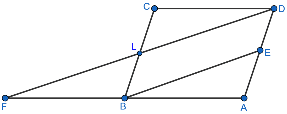 In the figure, ABCD is a parallelogram and E is mid-point of AD. DL || EB meets AB produced at F. Prove that B is mid-point of AF and EB = LF. Mid-point Theorem, ML Aggarwal Understanding Mathematics Solutions ICSE Class 9.