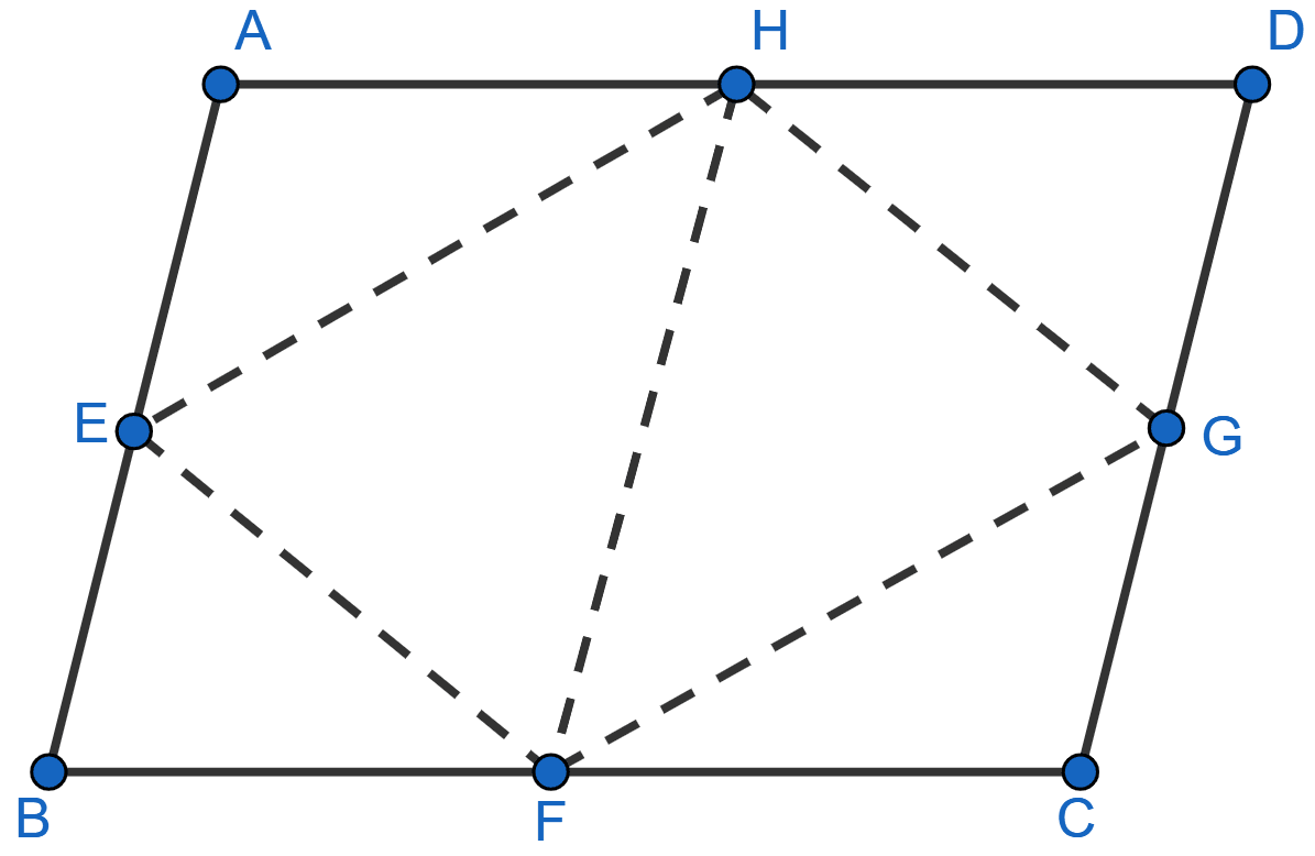 If E, F, G and H are mid-points of the sides AB, BC, CD and DA, respectively of a parallelogram ABCD, prove that area of the quad. EFGH = 1/2 area of || gm ABCD. Theorems on Area, ML Aggarwal Understanding Mathematics Solutions ICSE Class 9.