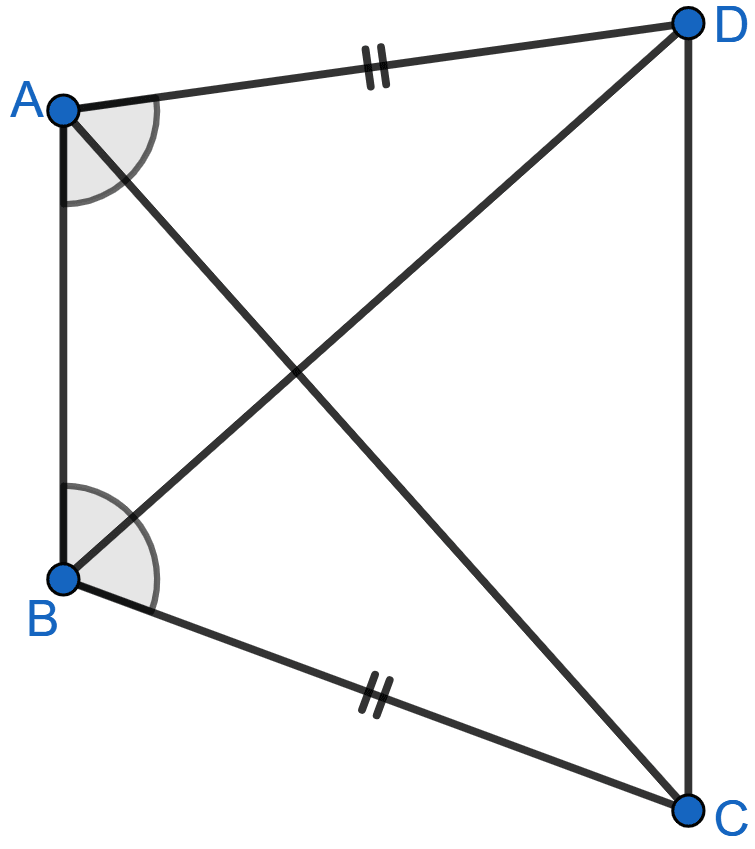 In the adjoining figure, ABCD is a quadrilateral in which AD = BC and ∠DAB = ∠CBA. Prove that △ABD ≅ △BAC, BD = AC, ∠ABD = ∠BAC. Triangles, ML Aggarwal Understanding Mathematics Solutions ICSE Class 9.