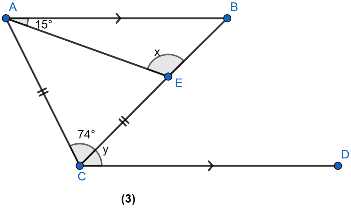 In the figure (3), AB || CD and CA = CE. If ∠ACE = 74° and ∠BAE = 15°, find the values of x and y. Triangles, ML Aggarwal Understanding Mathematics Solutions ICSE Class 9.