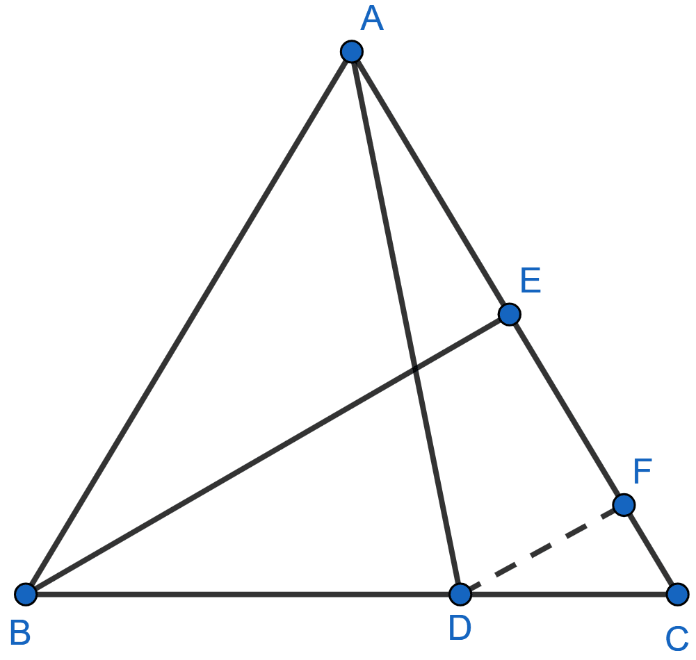 In the adjoining figure, AD and BE are medians of △ABC. If DF || BE, prove that CF = (1/4)AC. Mid-point Theorem, ML Aggarwal Understanding Mathematics Solutions ICSE Class 9.