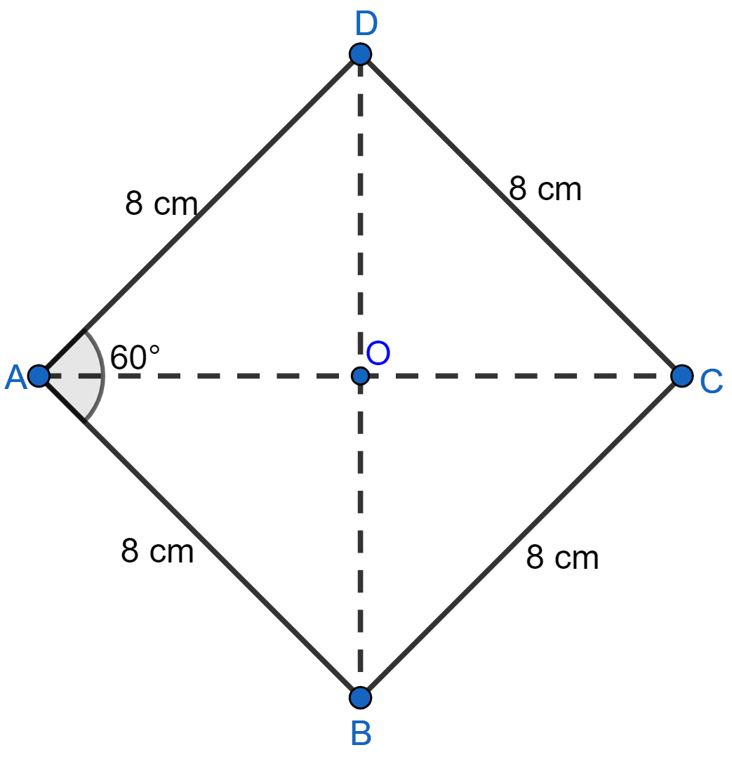 If one angle of a rhombus is 60° and the length of a side is 8 cm, find the lengths of its diagonals. Rectilinear Figures, ML Aggarwal Understanding Mathematics Solutions ICSE Class 9.