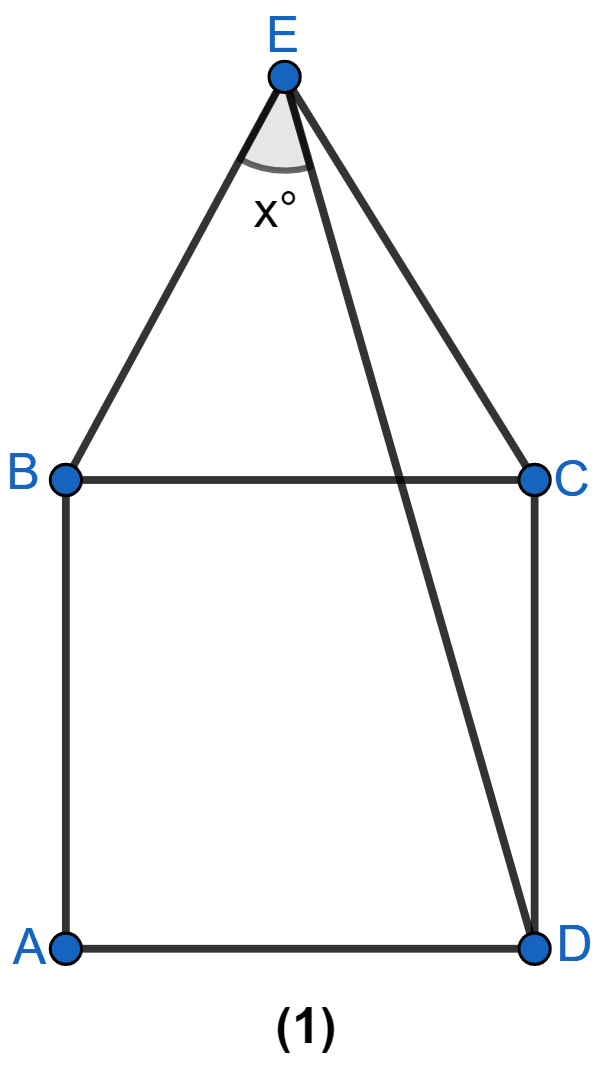 In figure (1) given below, equilateral triangle EBC surmounts square square ABCD. Find angle BED represented by x. Rectilinear Figures, ML Aggarwal Understanding Mathematics Solutions ICSE Class 9.