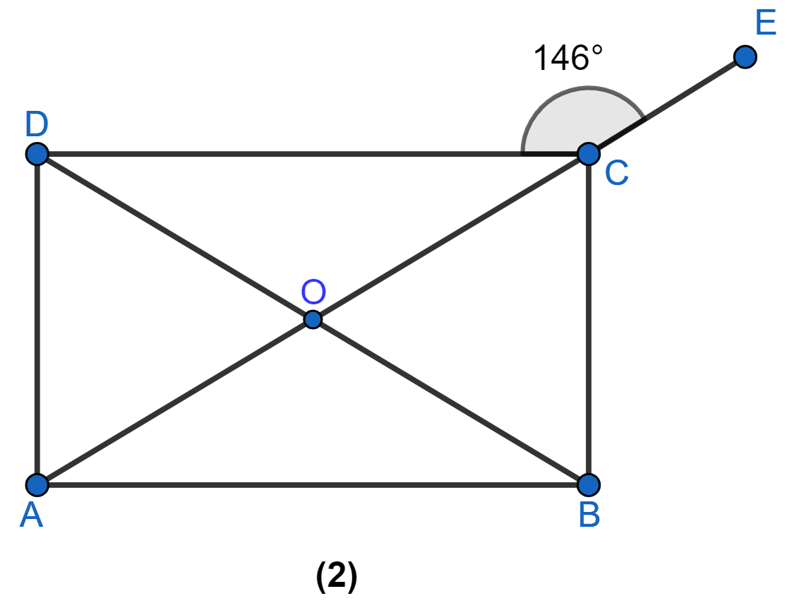 In Figure (2) given below, ABCD is a rectangle and diagonals intersect at O. AC is produced to E. If ∠ECD = 146°, find the angles of △AOB. Rectilinear Figures, ML Aggarwal Understanding Mathematics Solutions ICSE Class 9.