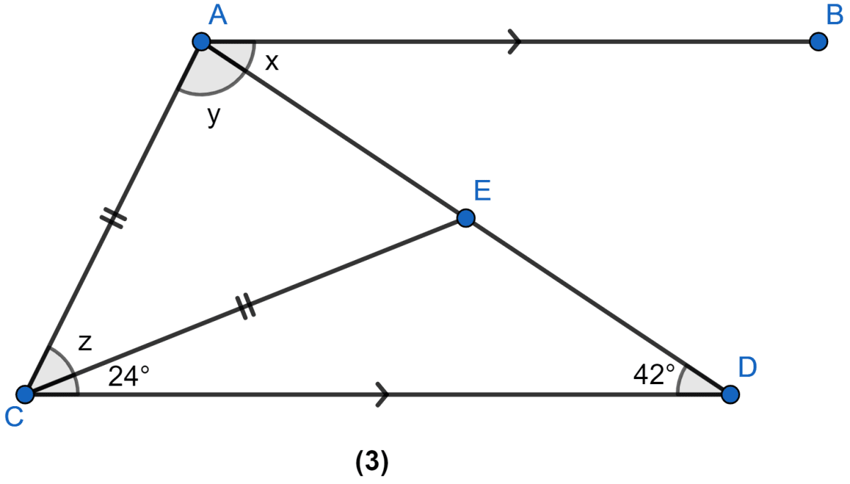 In the figure (3), AB || CD. Find the values of x, y and z. Triangles, ML Aggarwal Understanding Mathematics Solutions ICSE Class 9.