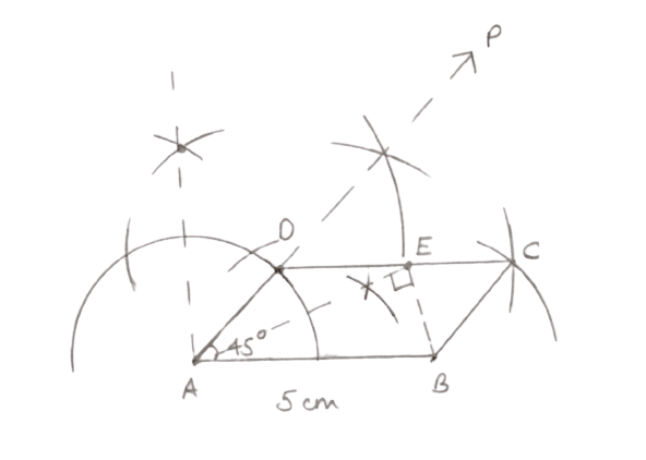 Using ruler and compasses only, construct a parallelogram ABCD with AB = 5 cm, AD = 2.5 cm and ∠BAD = 45°. If the bisector of ∠BAD meets DC at E, prove that ∠AEB is a right angle. Rectilinear Figures, ML Aggarwal Understanding Mathematics Solutions ICSE Class 9.