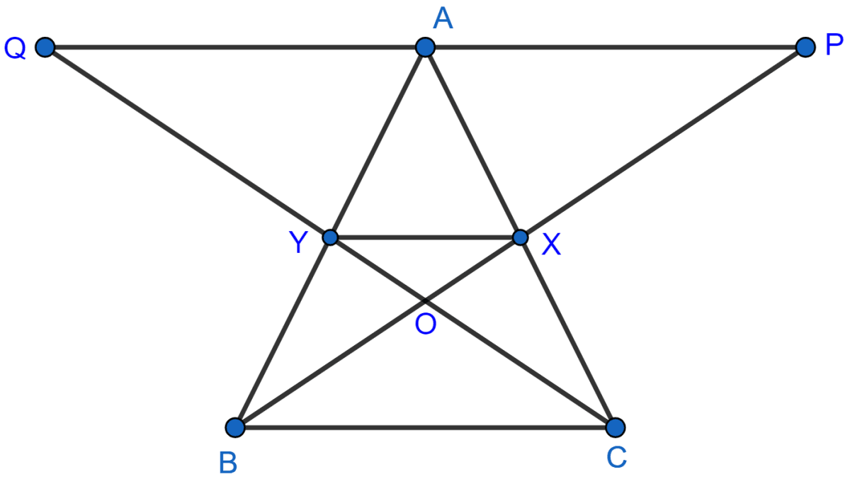 In the adjoining figure, X and Y are mid-points of the sides AC and AB respectively of ∆ABC. QP || BC and CYQ and BXP are straight lines. Prove that area of ∆ABP = area of ∆ACQ. Theorems on Area, ML Aggarwal Understanding Mathematics Solutions ICSE Class 9.