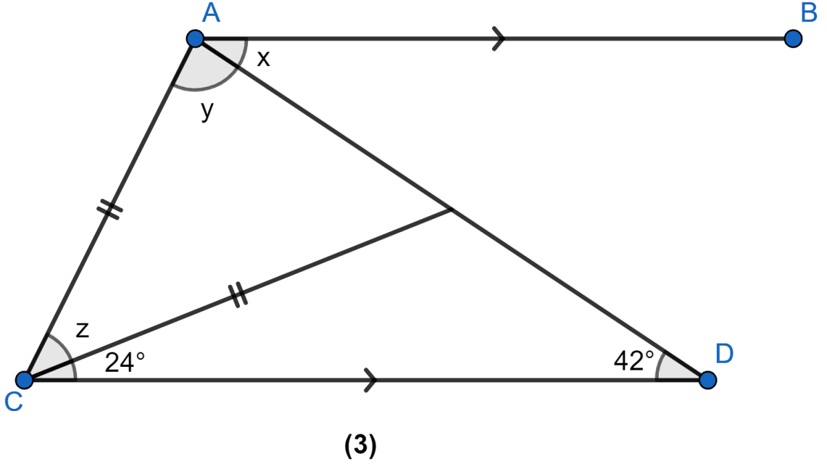 In the figure (3), AB || CD. Find the values of x, y and z. Triangles, ML Aggarwal Understanding Mathematics Solutions ICSE Class 9.