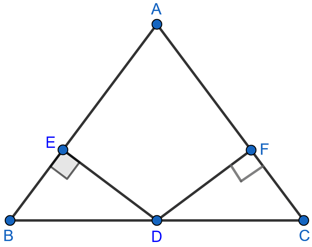 In the adjoining figure, D is the midpoint of BC, DE and DF are perpendiculars to AB and AC respectively such that DE = DF. Prove that ABC is an isosceles triangle. Triangles, ML Aggarwal Understanding Mathematics Solutions ICSE Class 9.