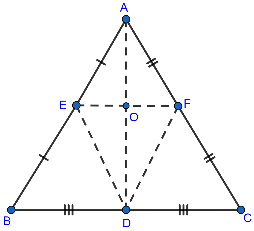 ABC is an isosceles triangle with AB = AC. D, E and F are mid-points of BC, AB and AC. Prove that line segment AD is perpendicular to EF and is bisected by it. Mid-point Theorem, ML Aggarwal Understanding Mathematics Solutions ICSE Class 9.