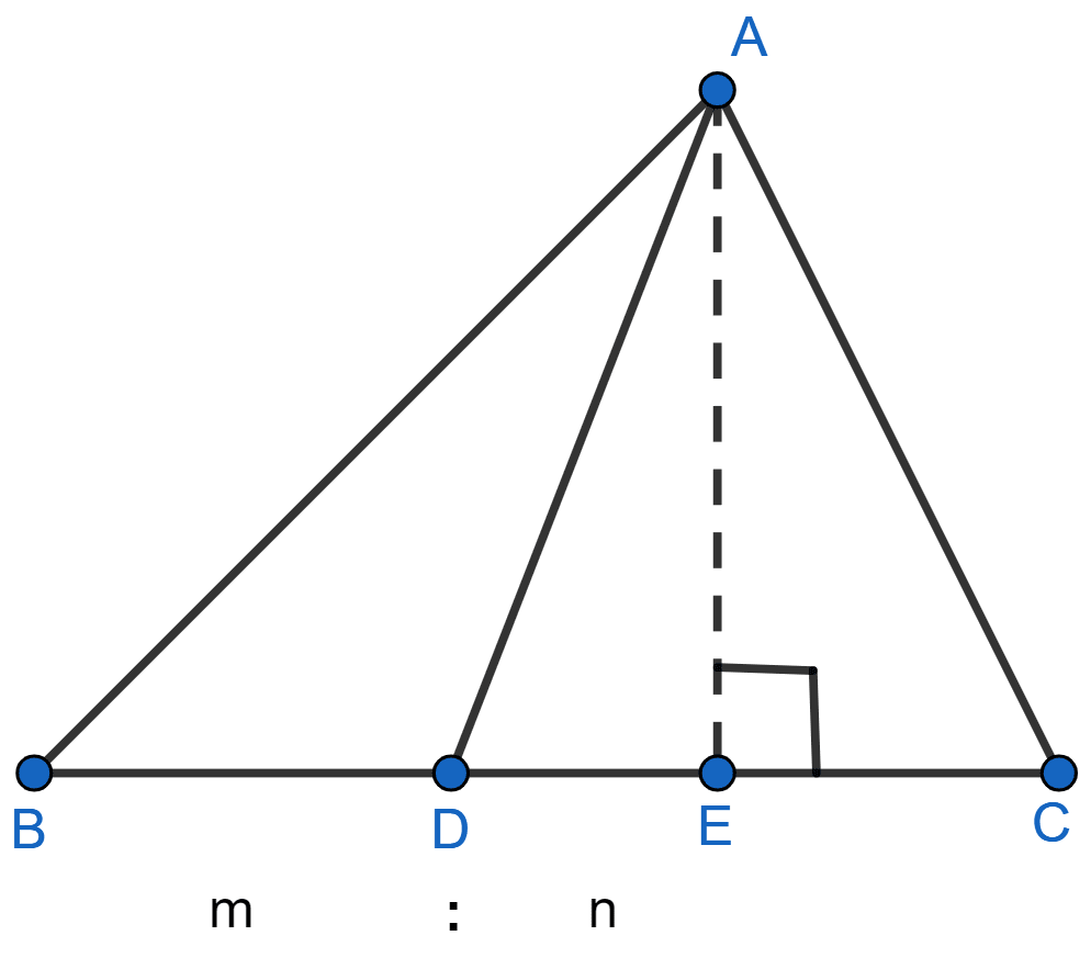 In figure (1) given below, point D divides the side BC of ∆ABC in the ratio m : n. Prove that area of ∆ABD : area of ∆ADC = m : n. Theorems on Area, ML Aggarwal Understanding Mathematics Solutions ICSE Class 9.