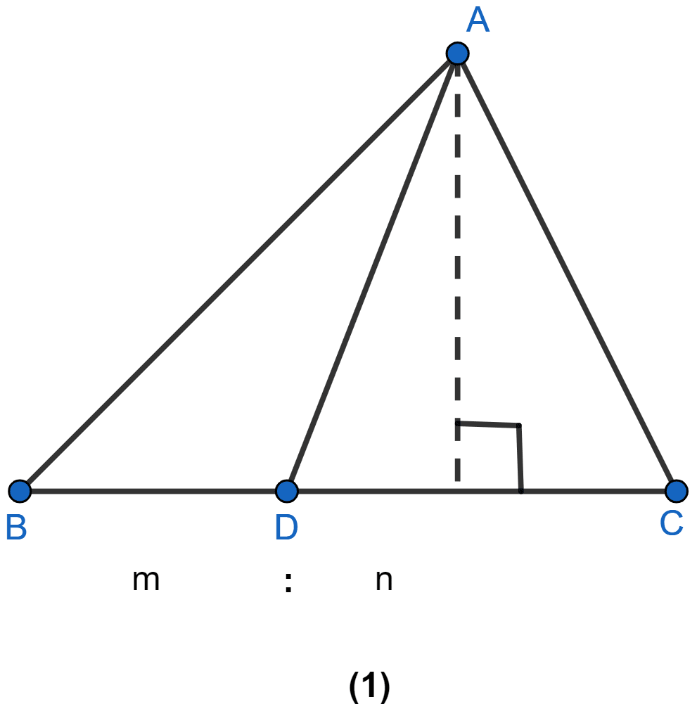 In figure (1) given below, point D divides the side BC of ∆ABC in the ratio m : n. Prove that area of ∆ABD : area of ∆ADC = m : n. Theorems on Area, ML Aggarwal Understanding Mathematics Solutions ICSE Class 9.