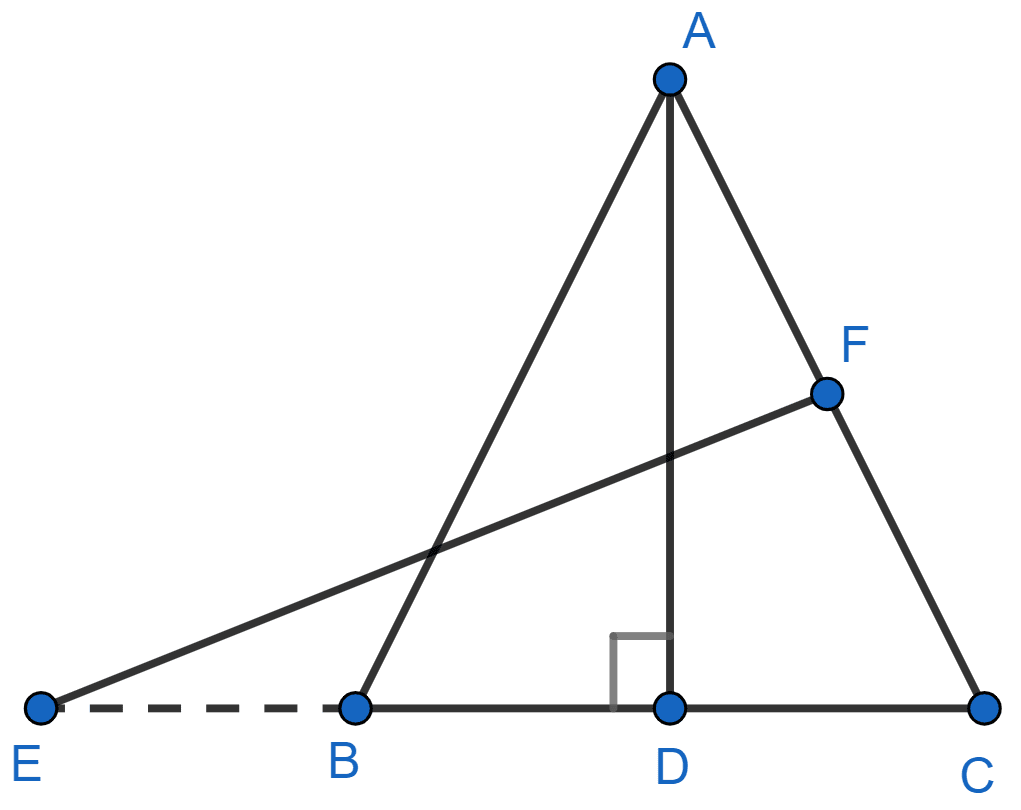 In the figure, E is a point on side CB produced of an isosceles triangle ABC with AB = AC. If AD ⊥ BC and EF ⊥ AC, prove that △ ABD ~ △ ECF. NCERT Class 10 Mathematics CBSE Solutions.