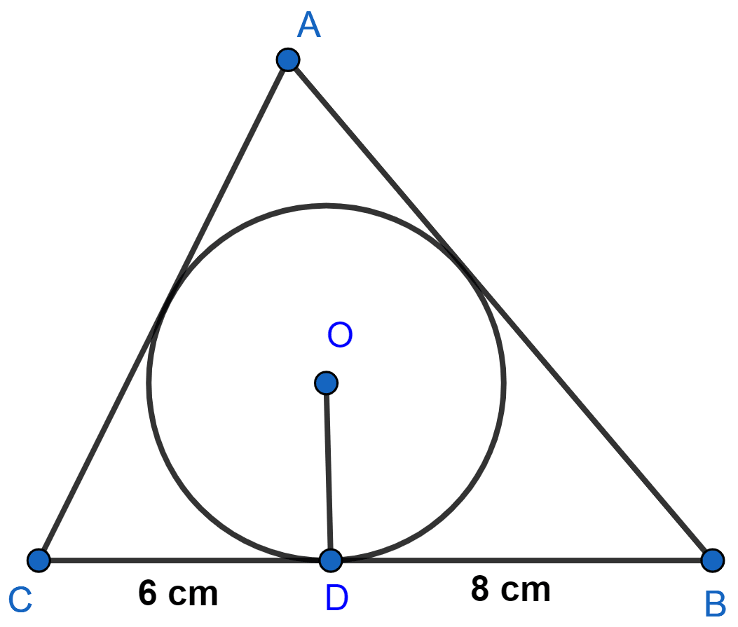 A triangle ABC is drawn to circumscribe a circle of radius 4 cm such that the segments BD and DC into which BC is divided by the point of contact D are of lengths 8 cm and 6 cm respectively in figure. Find the sides AB and AC. NCERT Class 10 Mathematics CBSE Solutions.