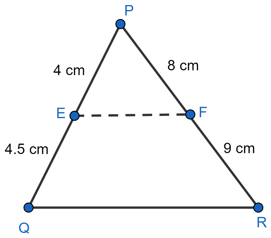 E and F are points on the sides PQ and PR respectively of a △PQR. For each of the following cases, state whether EF || QR : (i) PE = 3.9 cm, EQ = 3 cm, PF = 3.6 cm and FR = 2.4 cm (ii) PE = 4 cm, QE = 4.5 cm, PF = 8 cm and RF = 9 cm (iii) PQ = 1.28 cm, PR = 2.56 cm, PE = 0.18 cm and PF = 0.36 cm. NCERT Class 10 Mathematics CBSE Solutions.