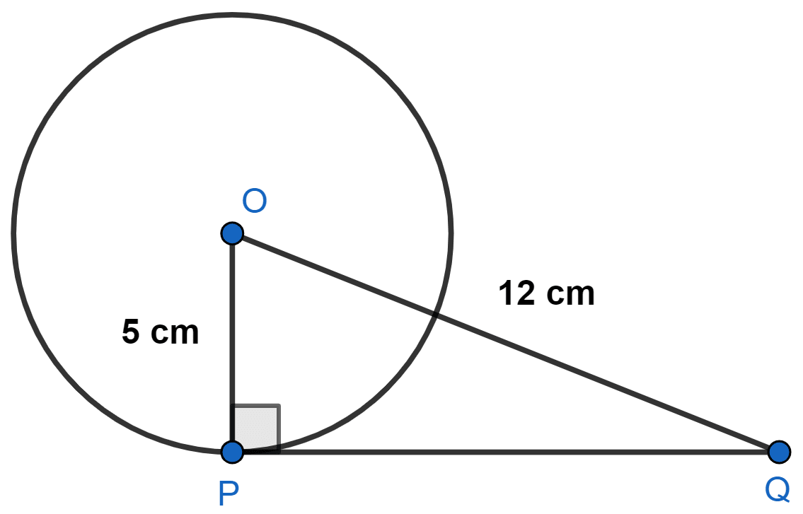 A tangent PQ at a point P of a circle of radius 5 cm meets a line through the centre O at a point Q so that OQ = 12 cm. Length PQ is : NCERT Class 10 Mathematics CBSE Solutions.