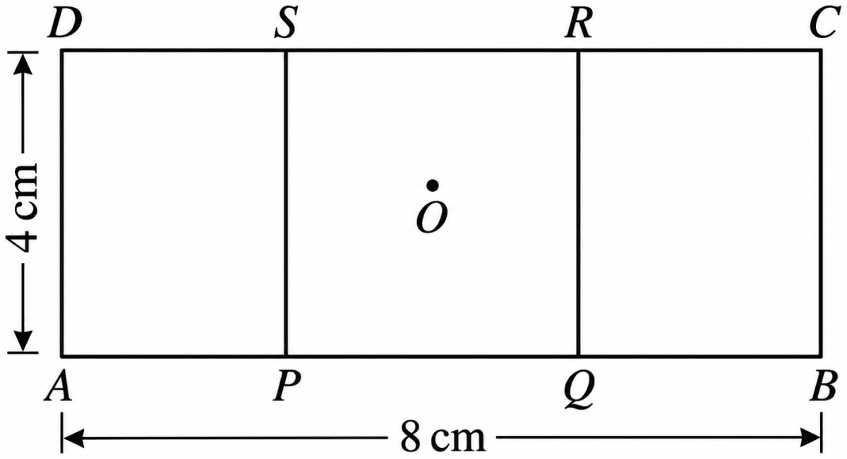 A Square within a Rectangle Construct a rectangle of sides 8 cm and 4 cm. How will you construct a square inside, as shown in the figure, such that the centre of the square is the same as the centre of the rectangle? *Hint*: Draw a rough figure. What will be the sidelength of the square? What will be the distance between the corners of the square and the outer rectangle? Playing with Constructions, NCERT Class 6 Ganita Prakash Mathematics CBSE Solutions.