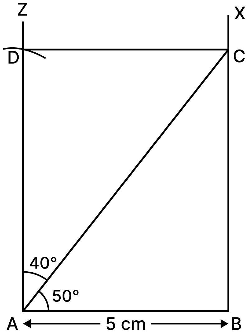 Construct a rectangle in which one of the diagonals divides the opposite angles into 50° and 40°. Playing with Constructions, NCERT Class 6 Ganita Prakash Mathematics CBSE Solutions.