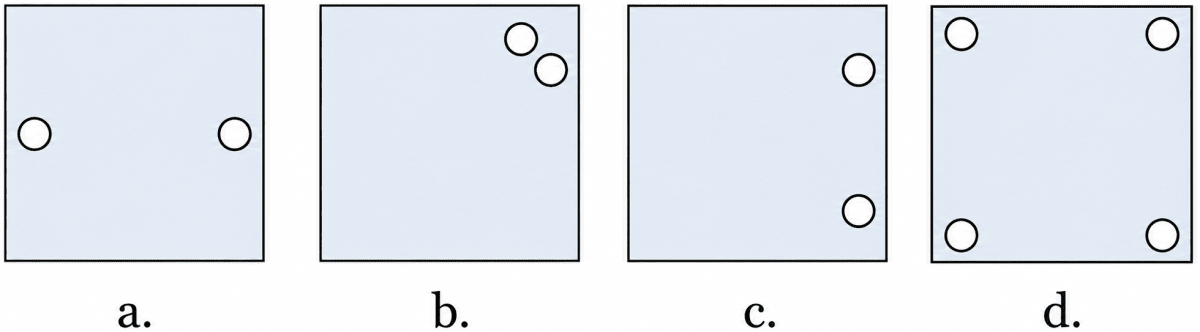 In each of the following figures, a hole was punched in a folded square sheet of paper and then the paper was unfolded. Identify the line along which the paper was folded. Figure (d) was created by punching a single hole. How was the paper folded? Symmetry, NCERT Class 6 Ganita Prakash Mathematics CBSE Solutions.