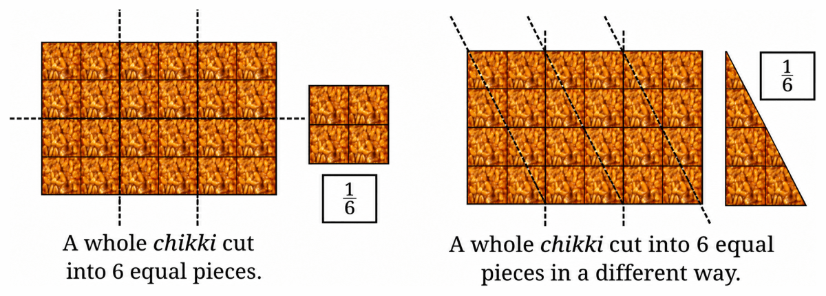 By dividing the whole *chikki* into 6 equal parts in different ways, we get 1/6 *chikki* pieces of different shapes. Are they of the same size? Fractions, NCERT Class 6 Ganita Prakash Mathematics CBSE Solutions.