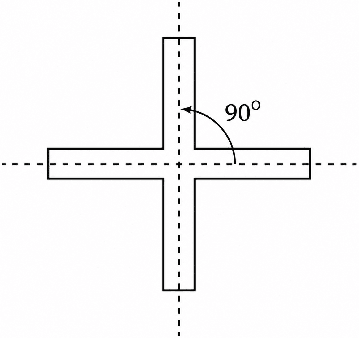 Consider this figure, a picture with 4 radial arms. How many angles of symmetry does it have? What are they? Note that the angle between adjacent central dotted lines is 90°. Symmetry, NCERT Class 6 Ganita Prakash Mathematics CBSE Solutions.