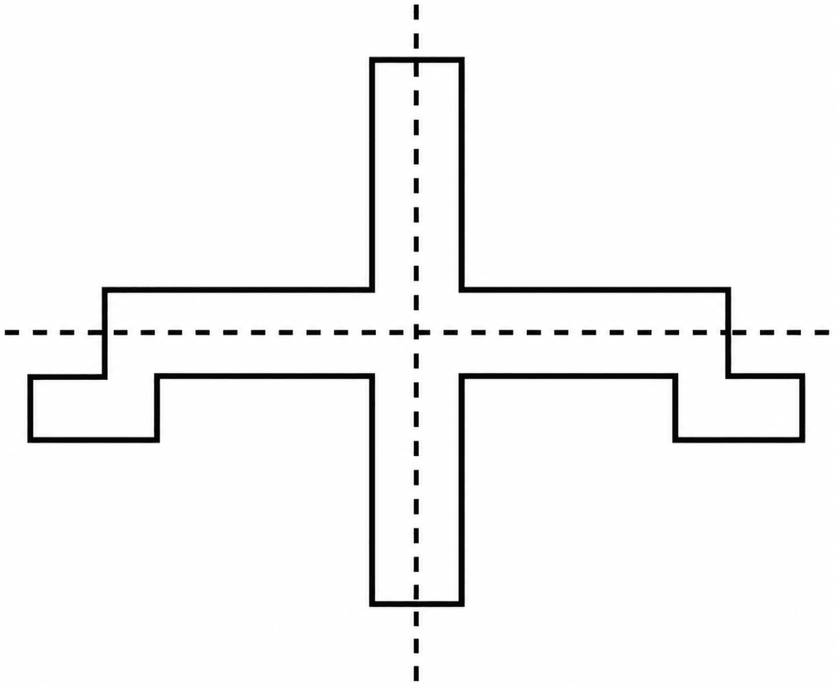 Consider this figure, a picture with 4 radial arms. How many angles of symmetry does it have? What are they? Note that the angle between adjacent central dotted lines is 90°. Symmetry, NCERT Class 6 Ganita Prakash Mathematics CBSE Solutions.