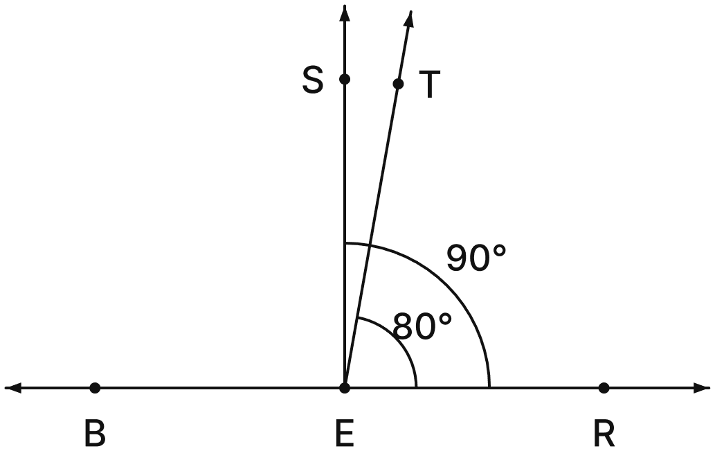 In this figure, ∠TER = 80°. What is the measure of ∠BET? What is the measure of ∠SET? *Hint:* Observe that ∠REB is a straight angle. Hence, the degree measure of ∠REB = 180° of which 80° is covered by ∠TER. A similar argument can be applied to find the measure of ∠SET. Lines & Angles, NCERT Class 6 Ganita Prakash Mathematics CBSE Solutions.