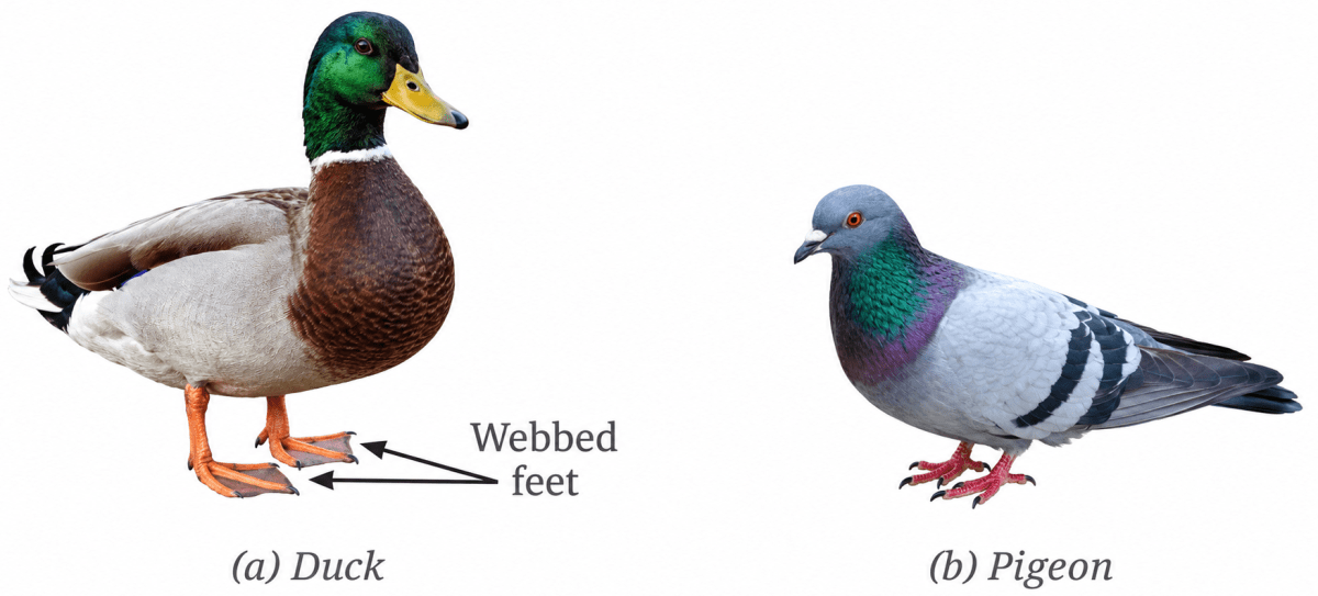 Observe the labelled part of a duck in the picture given below. What differences do you observe in the feet of the duck compared to the other birds? Which activity would the duck be able to perform using this part? Diversity in the living world, NCERT Class 6 Science CBSE Solutions.
