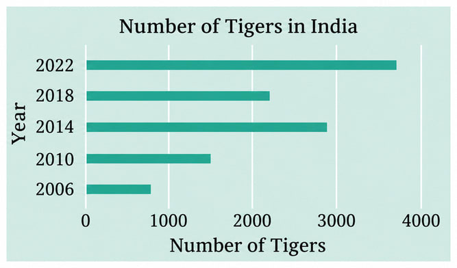 The number of tigers in India went down drastically between 1900 and 1970. Project Tiger was launched in 1973 to track and protect the tigers in India. Starting in 2006, the exact number of tigers in India was tracked. Shagufta and Divya looked up information about the number of tigers in India between 2006 and 2022 in four-year intervals. They prepared a frequency table for this data and a bar graph to present this data, but there are a few mistakes in the graph. Can you find those mistakes and fix them? Data Handling & Presentation, NCERT Class 6 Ganita Prakash Mathematics CBSE Solutions.