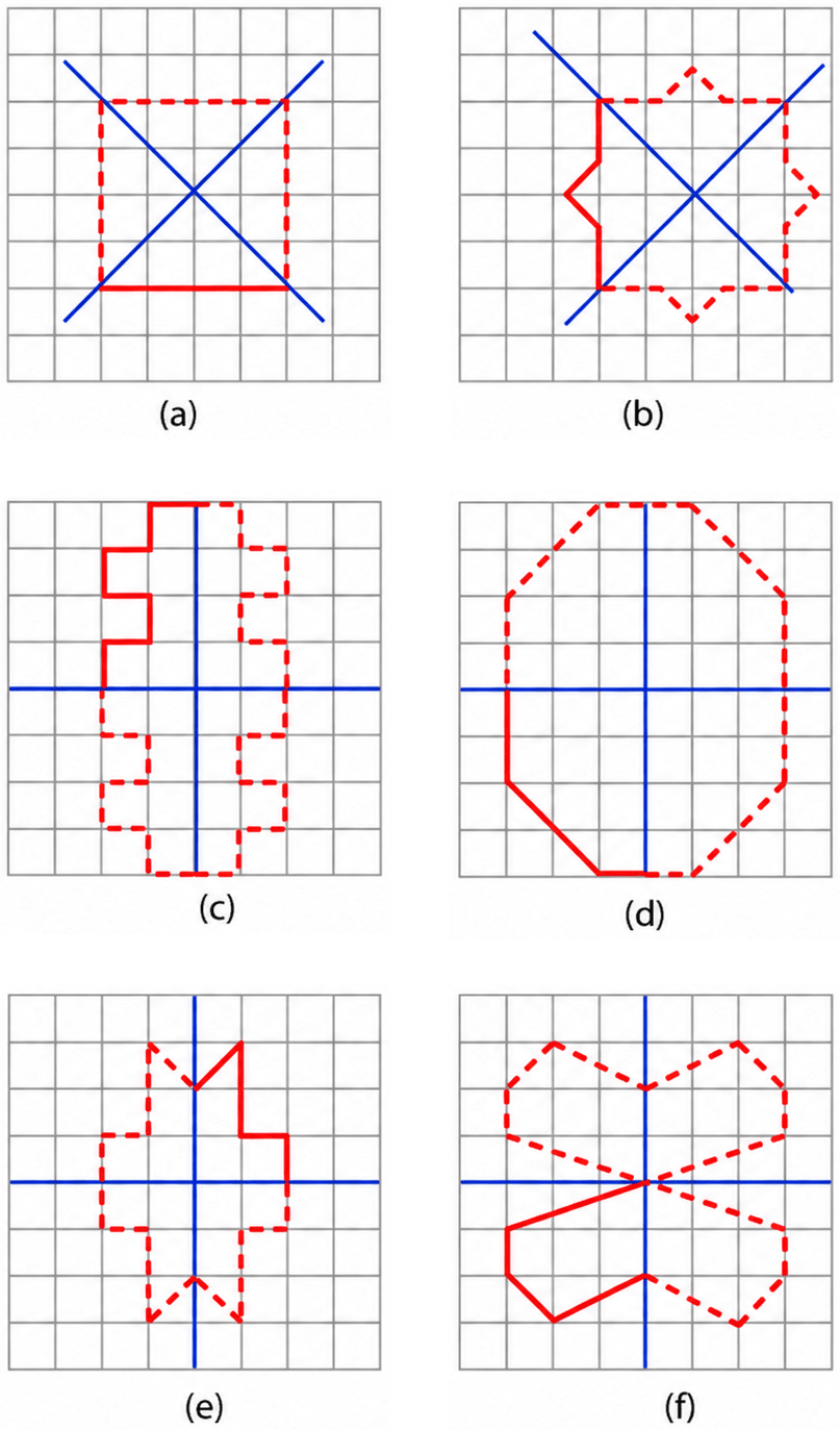 Copy the following drawing on squared paper. Complete each one of them so that the resulting figure has the two blue lines as lines of symmetry. Symmetry, NCERT Class 6 Ganita Prakash Mathematics CBSE Solutions.