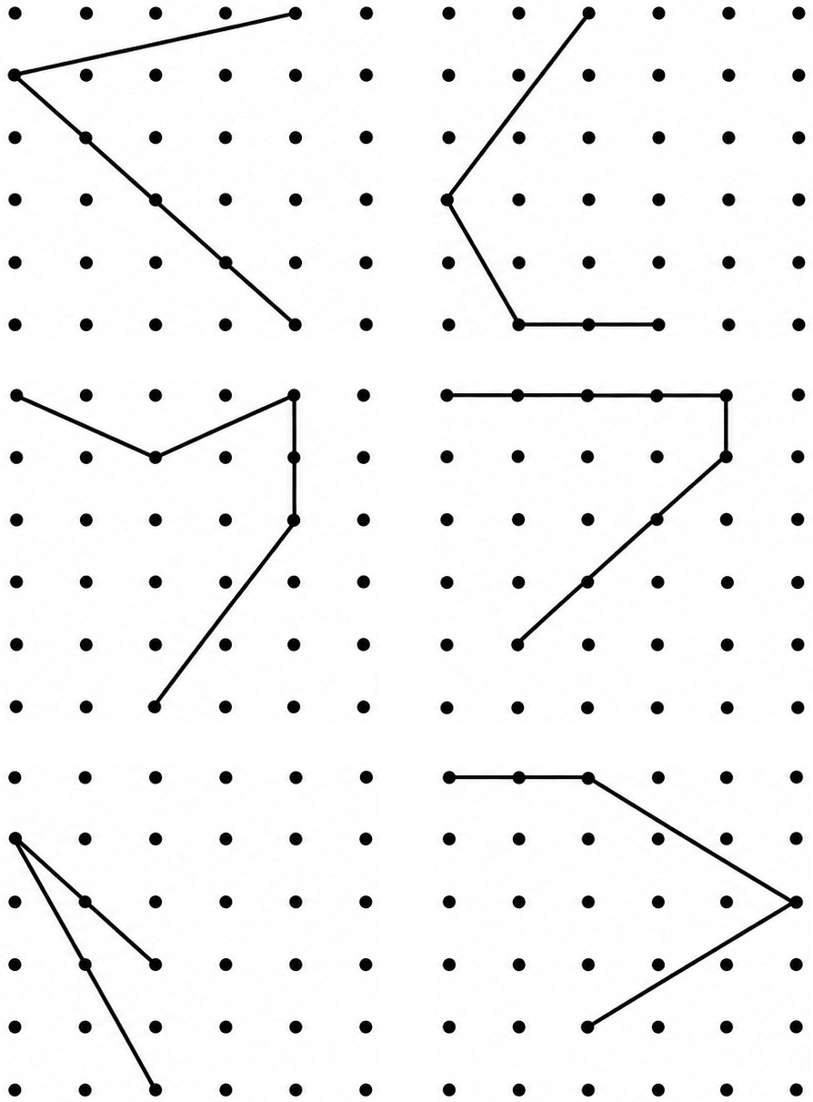 Copy the following on a dot grid. For each figure draw two more lines to make a shape that has a line of symmetry. Symmetry, NCERT Class 6 Ganita Prakash Mathematics CBSE Solutions.