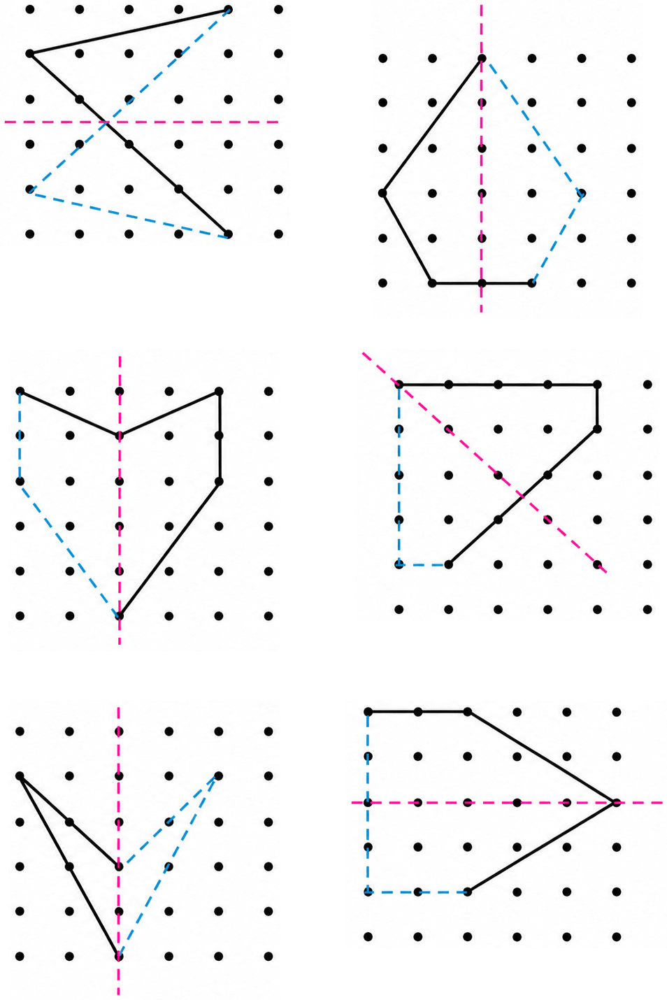 Copy the following on a dot grid. For each figure draw two more lines to make a shape that has a line of symmetry. Symmetry, NCERT Class 6 Ganita Prakash Mathematics CBSE Solutions.