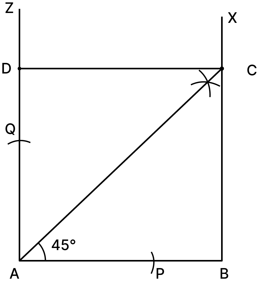 Construct a rectangle in which one of the diagonals divides the opposite angles into 45° and 45°. What do you observe about the sides? Playing with Constructions, NCERT Class 6 Ganita Prakash Mathematics CBSE Solutions.