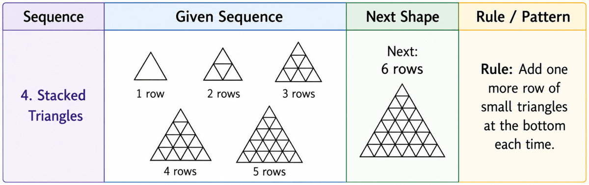 Try and redraw each sequence in Table 3 in your notebook. Can you draw the next shape in each sequence? Why or why not? After each sequence, describe in your own words what is the rule or pattern for forming the shapes in the sequence. Patterns in Mathematics, NCERT Class 6 Ganita Prakash Mathematics CBSE Solutions.