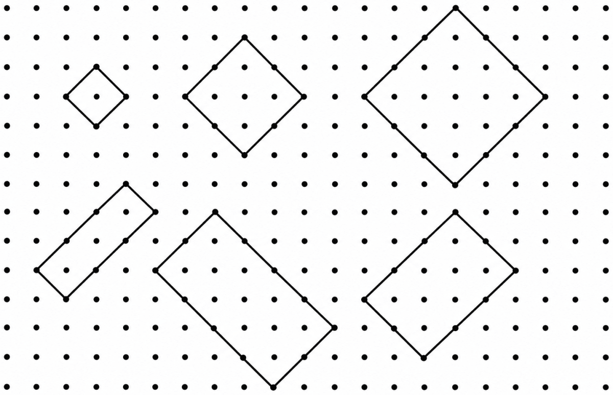 Draw at least 3 rotated squares and rectangles on a dot grid. Draw them such that their corners are on the dots. Verify if the squares and rectangles that you have drawn satisfy their respective properties. Playing with Constructions, NCERT Class 6 Ganita Prakash Mathematics CBSE Solutions.