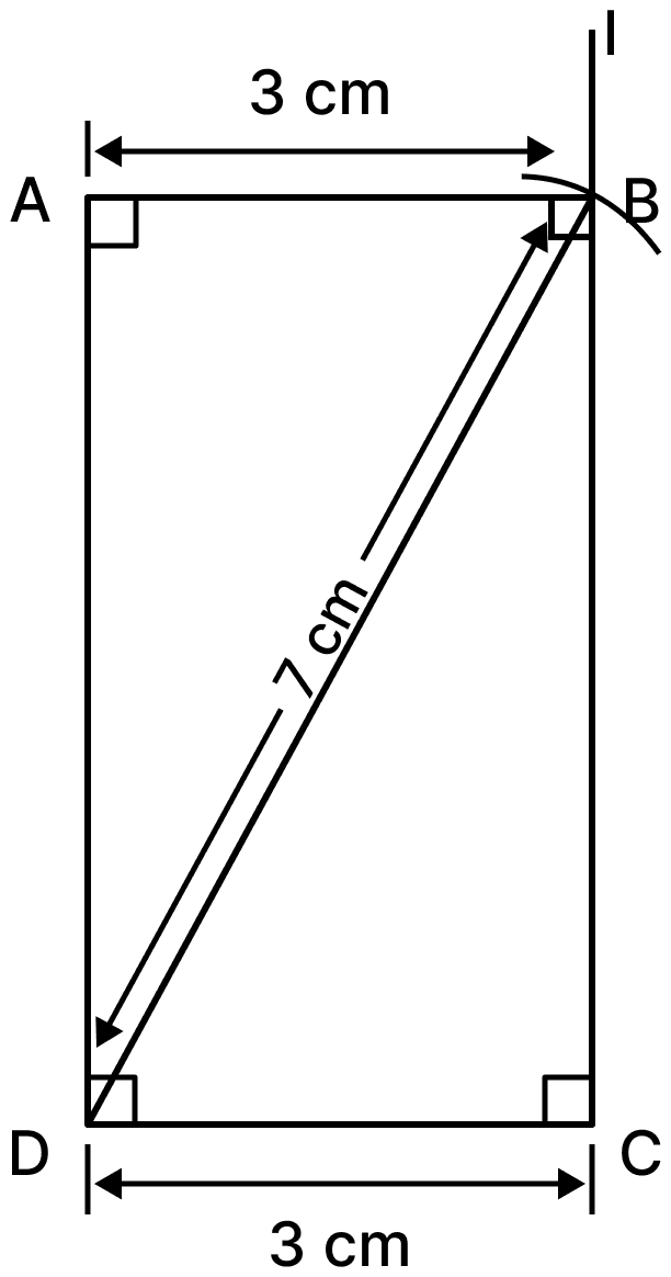 Construct a rectangle one of whose sides is 3 cm and the diagonal is of length 7 cm. Playing with Constructions, NCERT Class 6 Ganita Prakash Mathematics CBSE Solutions.