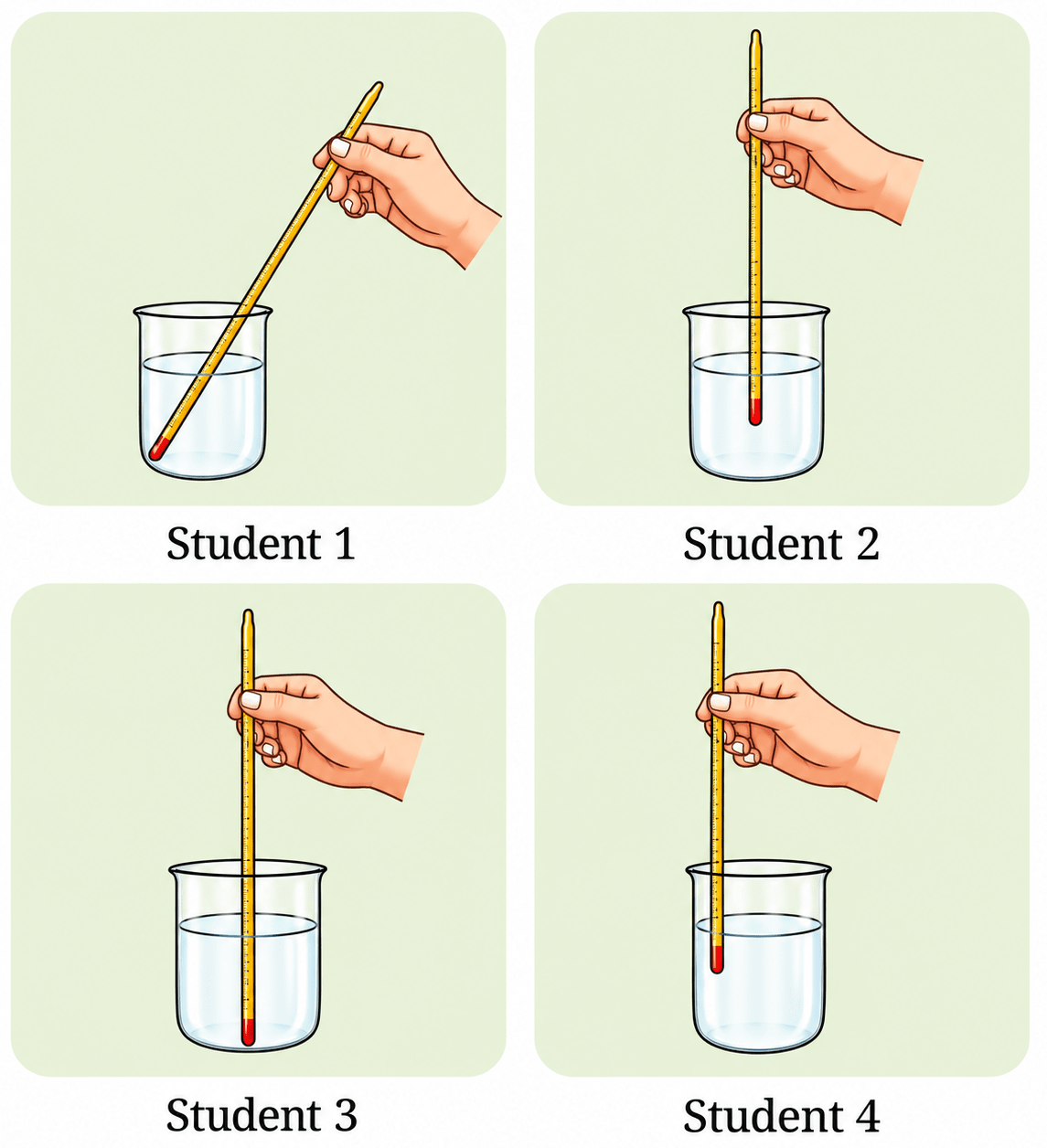 Four students used a laboratory thermometer to measure the temperature of water as shown in Fig. 7.6: Who do you think followed the correct way for measuring temperature? Temperature & Its Measurement, NCERT Class 6 Curiosity Science CBSE Solutions.