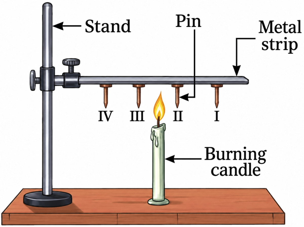 Choose the correct option. Pins are stuck to a metal strip with wax and a burning candle is kept below the rod, as shown in Fig. 7.15. Which of the following will happen? Heat Transfer in Nature, NCERT Class 7 Science CBSE Solutions.