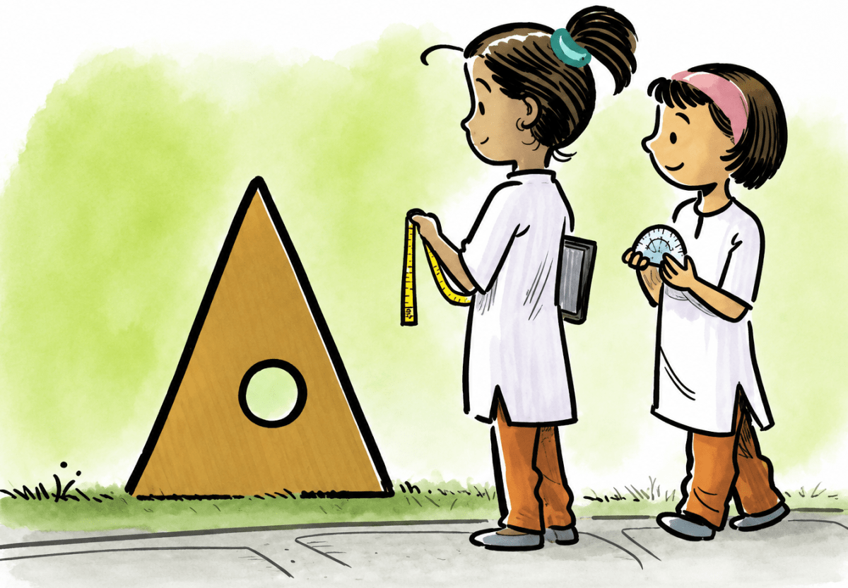 Meera and Rabia have been asked to make a cardboard cutout identical to a triangular frame they have in school. They see that the frame is too big to be traced on a paper and replicated. Geometric Twins, NCERT Class 7 Ganita Prakash Mathematics CBSE Solutions.