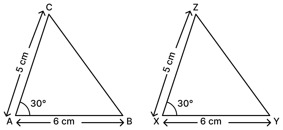 △ABC and △XYZ are two triangles such that, AB = XY = 6 cm, AC = XZ = 5 cm, and ∠A = ∠X = 30°. Geometric Twins, NCERT Class 7 Ganita Prakash Mathematics CBSE Solutions.