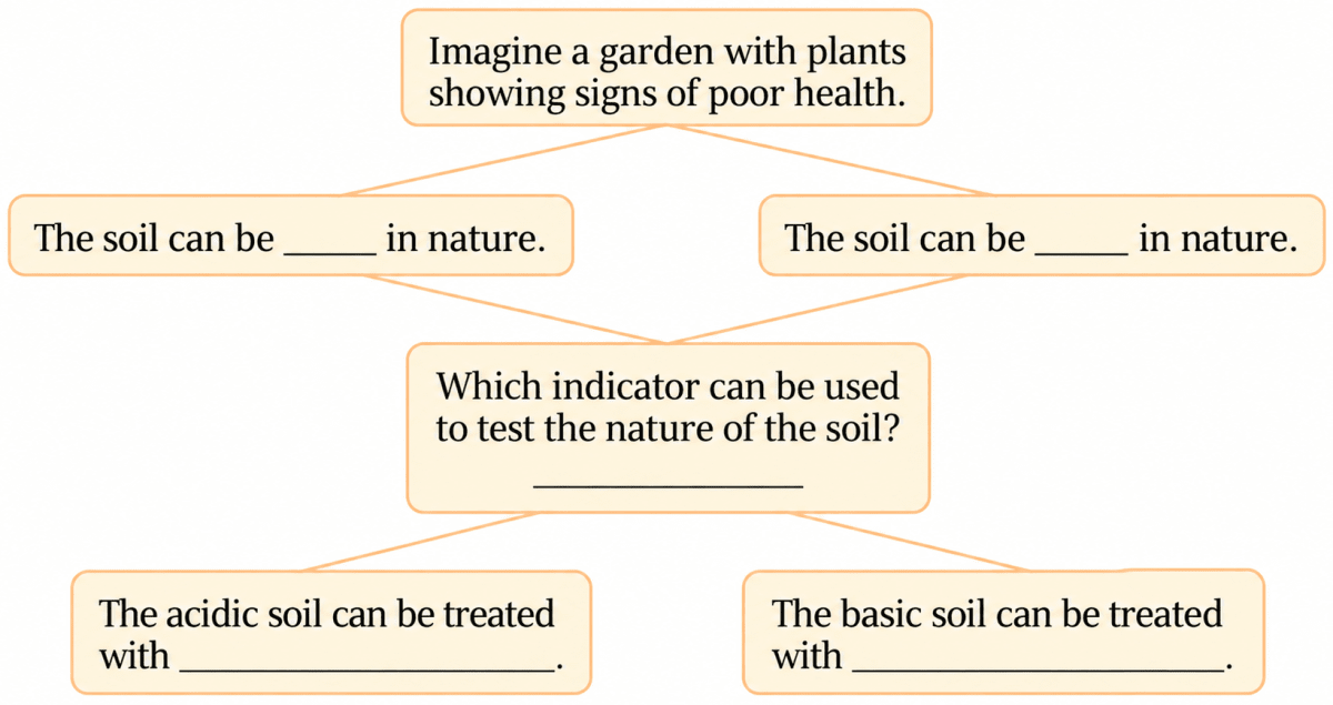 Observe and analyse the information given in the following flowchart. Complete the missing information. Exploring Substances: Acidic, Basic, & Neutral, NCERT Class 7 Science CBSE Solutions.