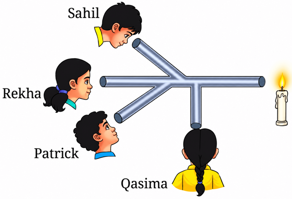 Sahil, Rekha, Patrick, and Qasima are trying to observe the candle flame through the pipe as shown in Fig. 11.16. Who can see the flame? Light: Shadows & Reflections, NCERT Class 7 Science CBSE Solutions.