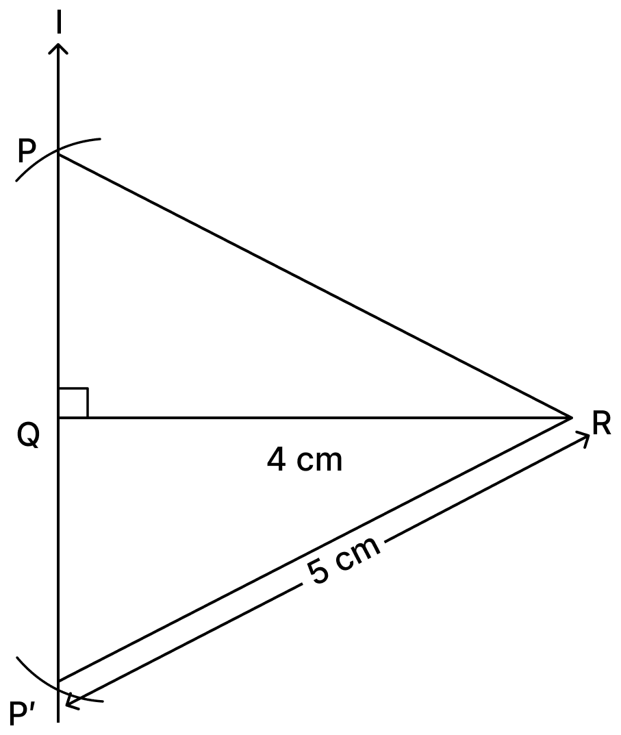 Consider the downward extension of line l below QR. Would the arc from R meet this line downwards as well (as in the case of triangle construction when the sidelengths are given)? If so, would this lead to a triangle whose size and shape are different from △PQR, and yet has the given measurements? Geometric Twins, NCERT Class 7 Ganita Prakash Mathematics CBSE Solutions.