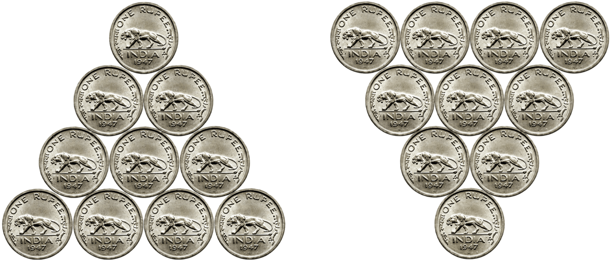 Arrange 10 coins in a triangle as shown in the figure below on the left. The task is to turn the triangle upside down by moving one coin at a time. How many moves are needed? What is the minimum number of moves. A triangle of 3 coins can be inverted (turned upside down) with a single move, and a triangle of 6 coins can be inverted by moving 2 coins. We Distribute, Yet Things Multiply, NCERT Class 8 Ganita Prakash Mathematics CBSE Solutions.