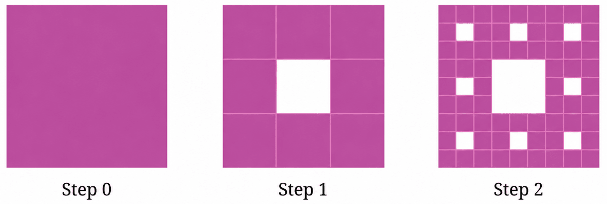 Draw the initial few steps (at least till Step 2) of the shape sequence that leads to the Sierpinski Carpet. Exploring Some Geometric Themes, NCERT Class 8 Ganita Prakash Mathematics CBSE Solutions.