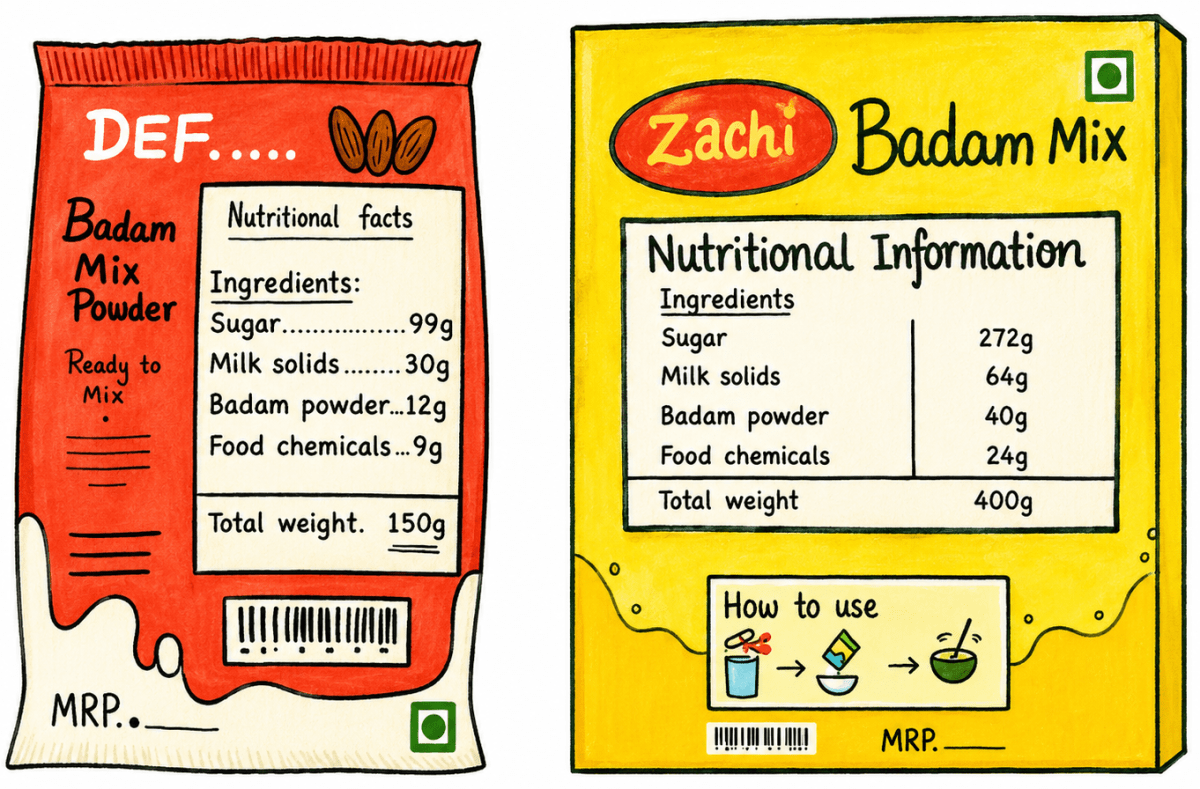 Madhu and Madhav recently learnt about the importance of reading labels on processed food before purchase. They are at a shop to buy badam drink mix. They are looking at two products (DEF and Zacni) and wondering which has a larger share of badam. Can you figure it out? Which product uses a smaller proportion of food chemicals? It is easier to compare the proportions of the ingredients if we convert them into percentages. For example, DEFs sugar content as a percentage of total weight = 99/150 × 100 = 66%. Complete this table by calculating the percentages to answer the questions:. Fractions In Disguise, NCERT Class 8 Ganita Prakash Mathematics CBSE Solutions.
