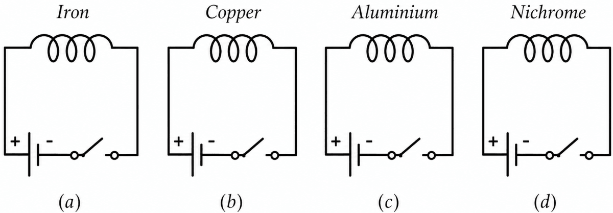 We have four coils, of similar shape and size, made up from iron, copper, aluminium, and nichrome as shown in the Fig. 4.13. NCERT Class 8 Science CBSE Solutions.
