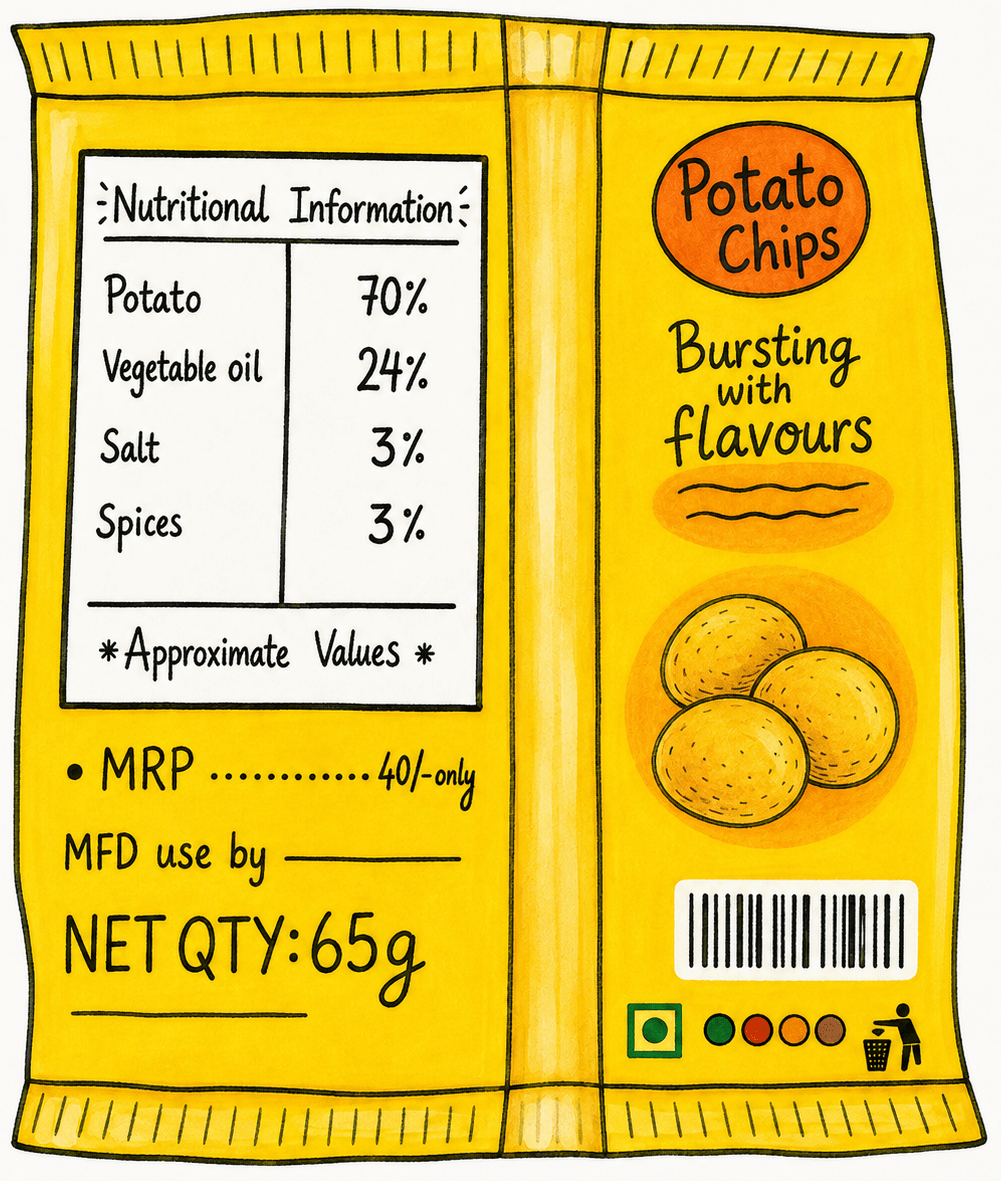The percentage of ingredients in a 65 g chips packet is shown in the picture (Potato: 70%, Vegetable oil: 24%, Salt: 3%, Spices: 3%). Find out the weight each ingredient makes up in this packet. Fractions In Disguise, NCERT Class 8 Ganita Prakash Mathematics CBSE Solutions.