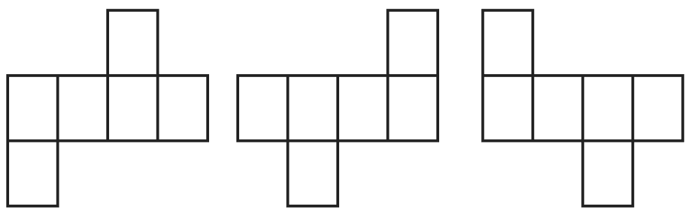 A cube has 11 possible net structures in total. In this count, two nets are considered the same if one can be obtained from the other by a rotation or a flip (for example, the nets shown below are all considered the same). Find all the 11 nets of a cube. Exploring Some Geometric Themes, NCERT Class 8 Ganita Prakash Mathematics CBSE Solutions.