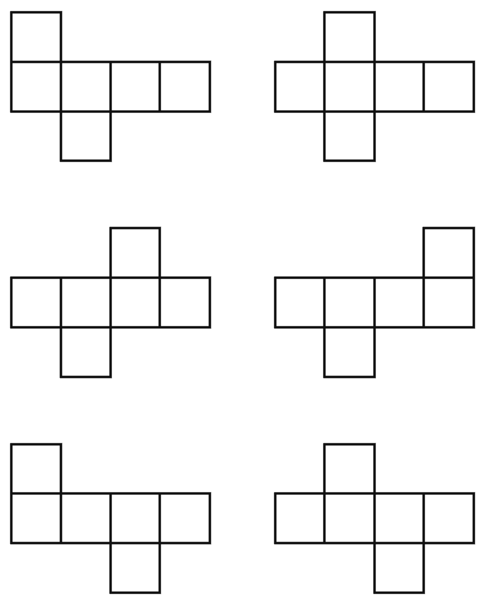 A cube has 11 possible net structures in total. In this count, two nets are considered the same if one can be obtained from the other by a rotation or a flip (for example, the nets shown below are all considered the same). Find all the 11 nets of a cube. Exploring Some Geometric Themes, NCERT Class 8 Ganita Prakash Mathematics CBSE Solutions.